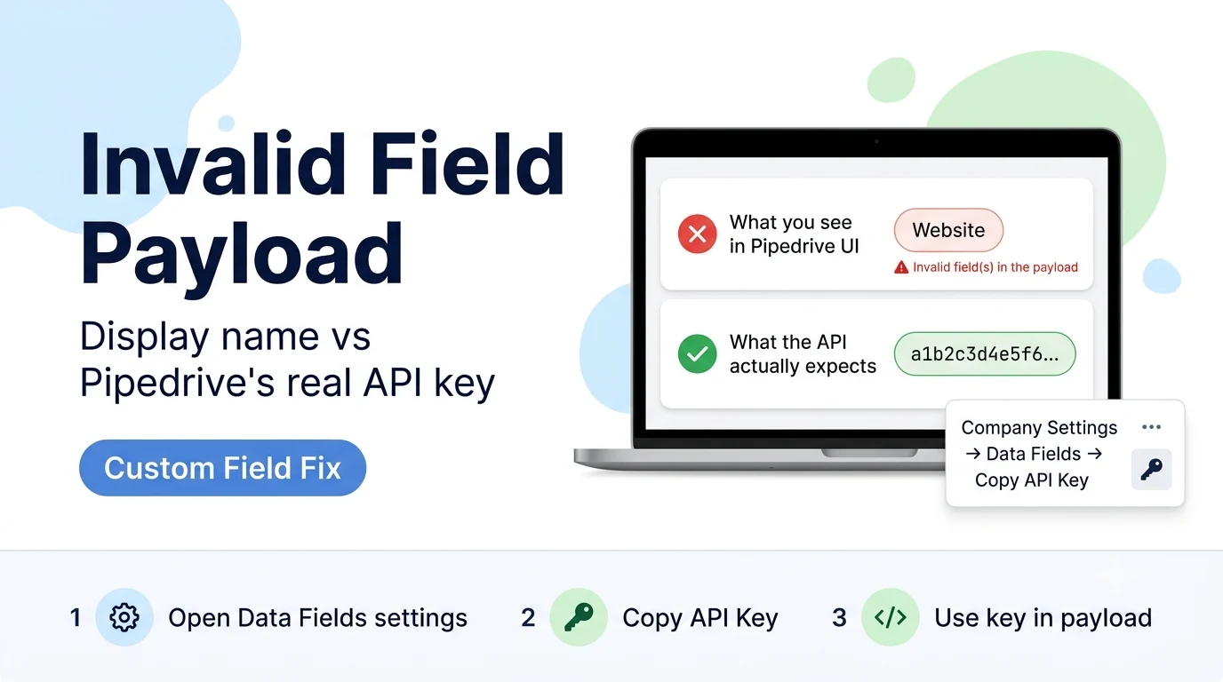 Illustrated comparison of a Pipedrive custom field's display name in the UI against its internal API key used in an n8n payload.