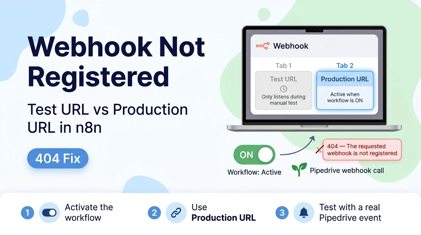Illustrated diagram distinguishing an n8n workflow's test webhook URL from its production webhook URL for a Pipedrive-triggered automation.
