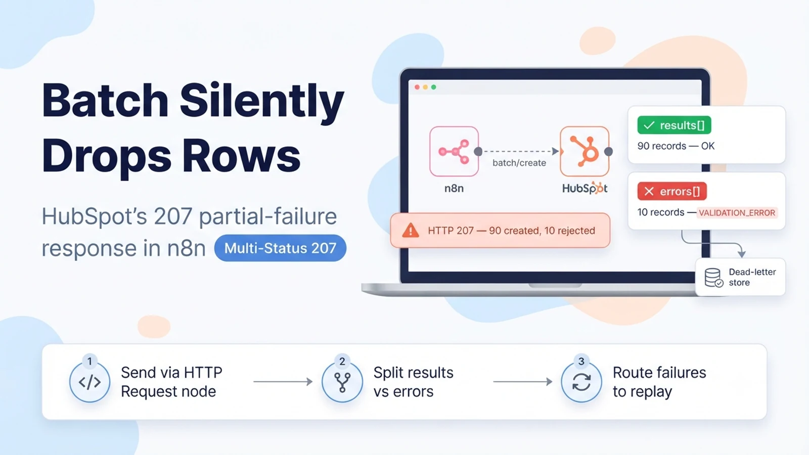 Illustrated n8n and HubSpot flow showing a batch call returning HTTP 207 with a results array and an errors array routed to a dead-letter store.